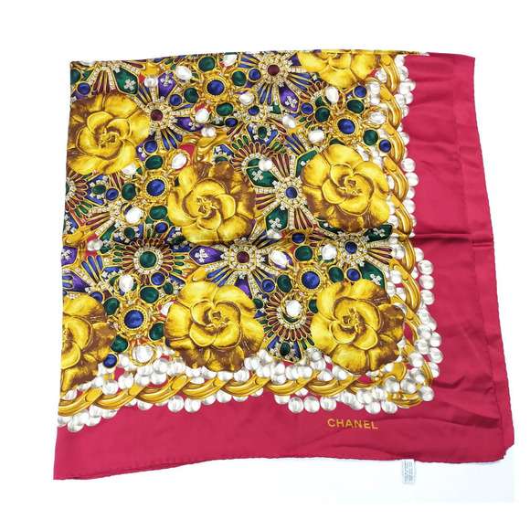 Chanel Iconic 54” Silk Shawl Jewel Camellia Motif Multicolor Large Scarf Wrap - Picture 8 of 15